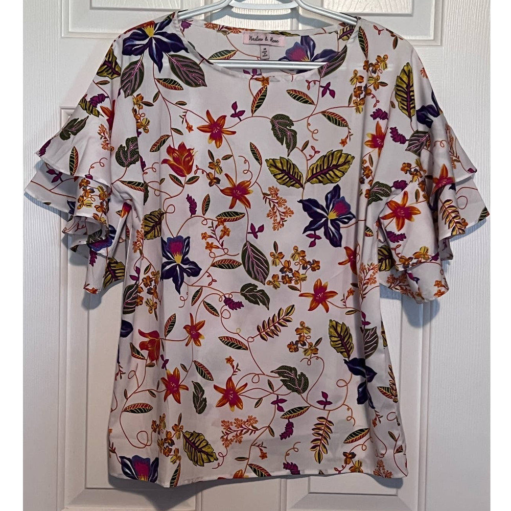 Harlow & Rose Women's Blooms & Leaves White Multi Ruffled Sleeves Blouse Size M